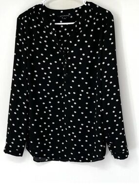 Zac & Rachel Black White polka dot blouse large Long Sleeve 1/4 Button Down Top